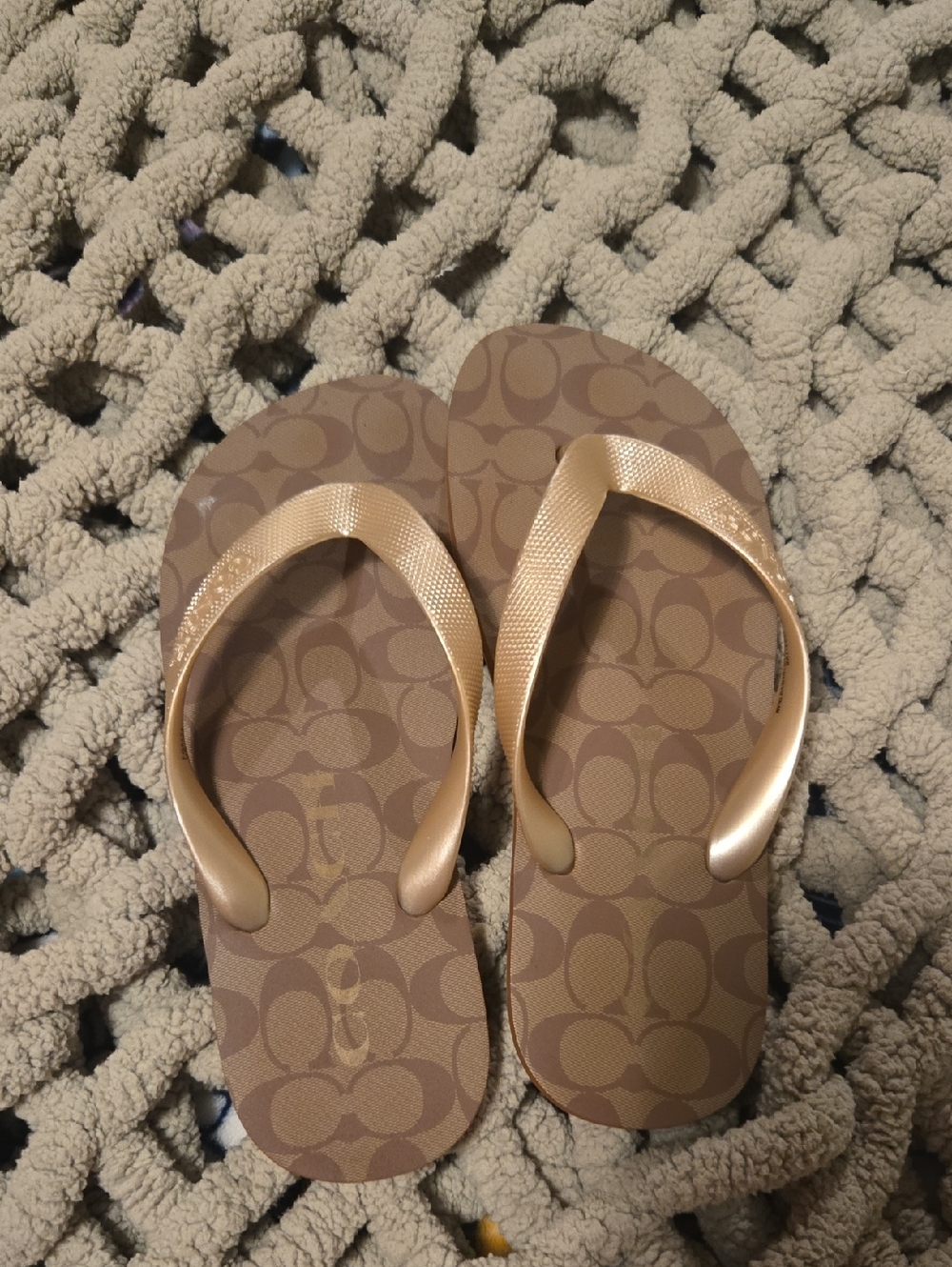 Coach Tan Signature Monogram Flip Flops with Gold Straps